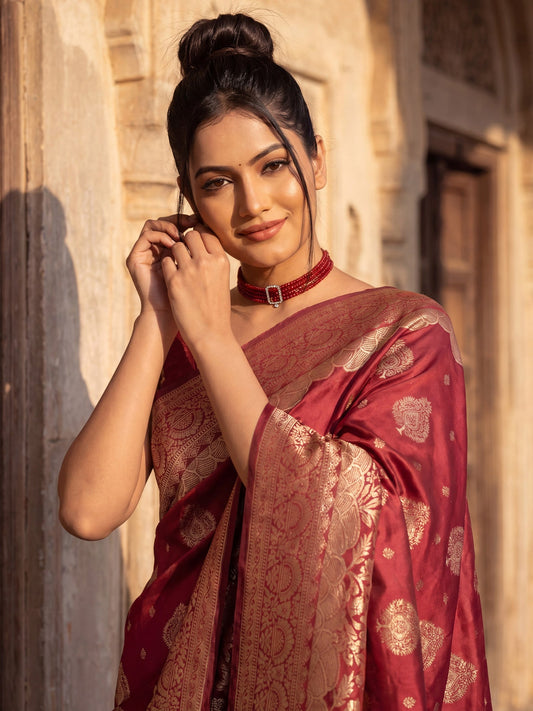 Crimson Red wine Banarasi Silk Saree - Ressa