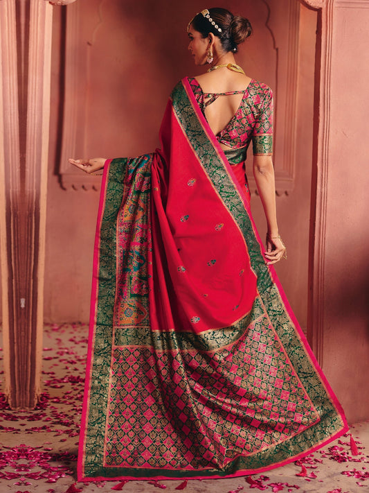 Crimson Silk Banarasi Saree with Meenakari Pallu & Brocade Blouse - Ressa