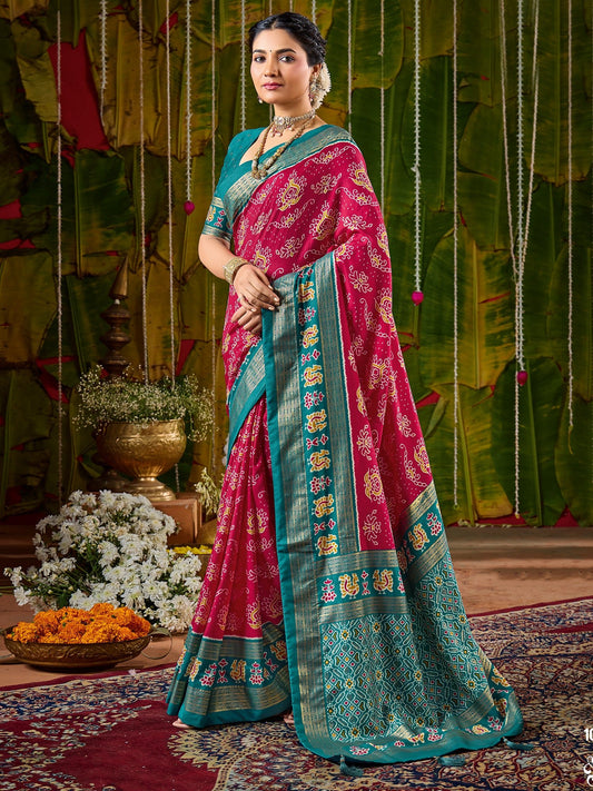 Crimson & Teal Bandhani Silk Saree with Patola Pallu - Ressa