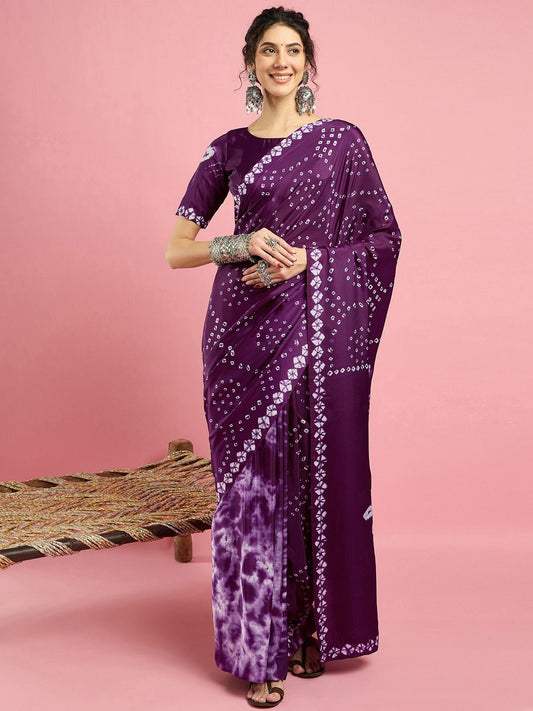 Wine Crepe Bandhani Printed Saree - Ressa
