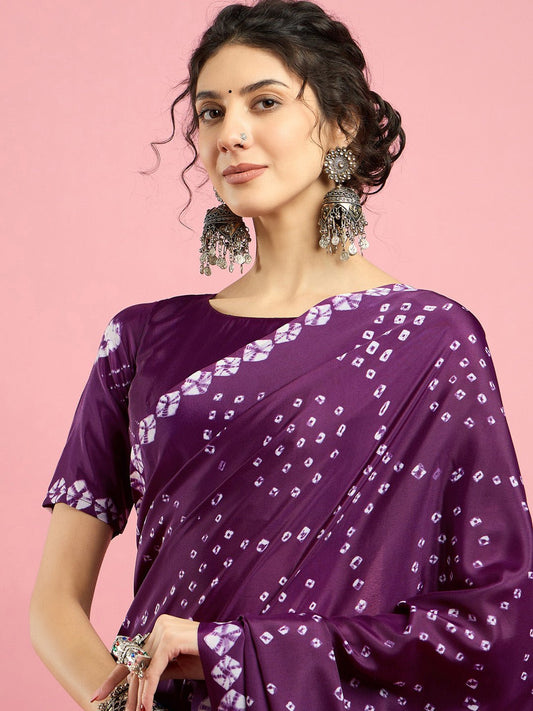 Wine Crepe Bandhani Printed Saree - Ressa