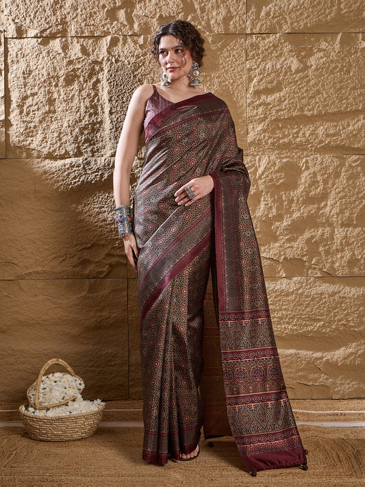 Dark Brown Ajrakh Printed Satin Saree - Ressa