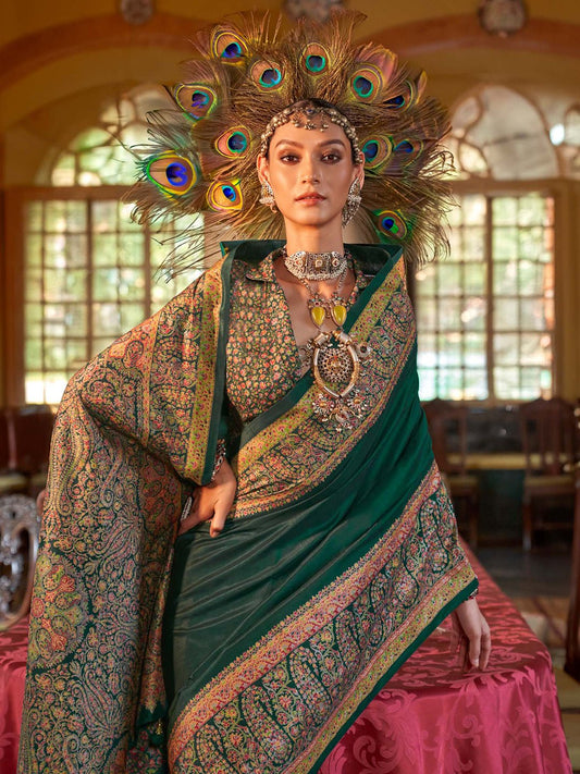 Dark Green Kalamkari Inspired Silk Blend Saree - Ressa
