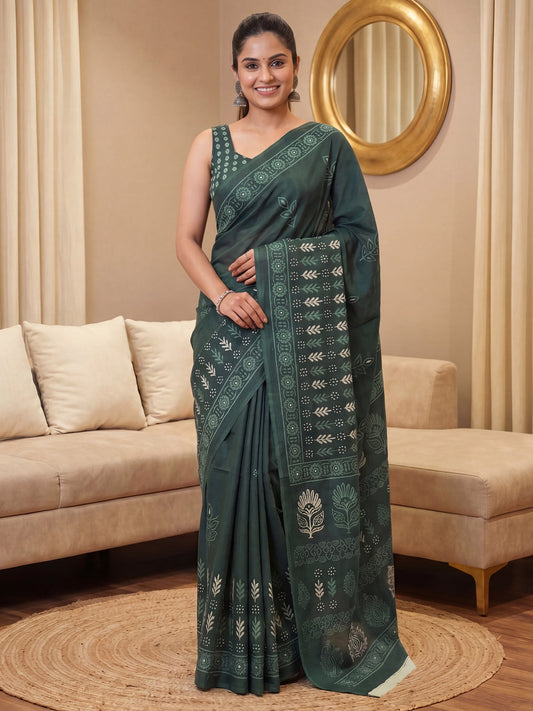 Dark Green Saree Printed Saree - Ressa