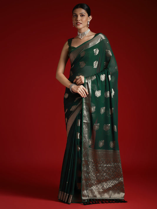 Dark Green Silk Blend Heritage Banarasi Style Saree - Ressa