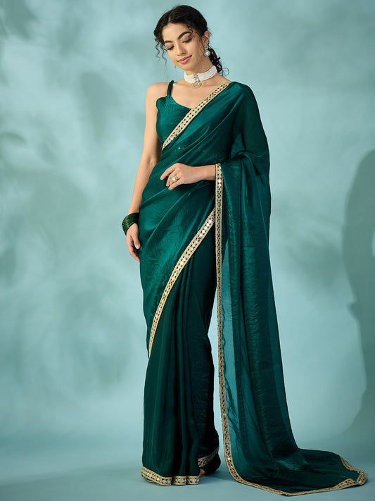 Dark Green Tissue Silk Saree with Zari Stripes - Ressa