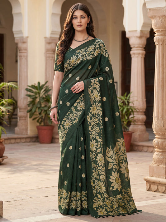 Dark Green Tussar Silk Madhubani Inspired Floral Print Saree - Ressa