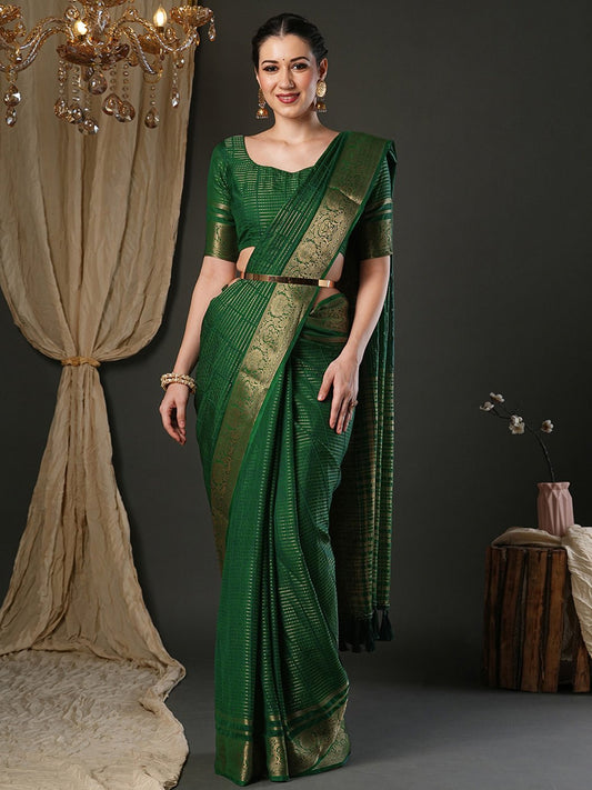 Dark Green Viscose Saree with Zari Border - Ressa