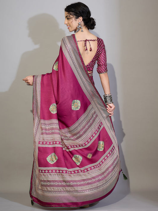 Dark Pink Tissue Silk Saree with Zari Stripes - Ressa