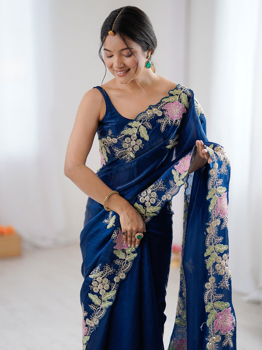 Deep Blue Organza Saree with Pink Floral Cutwork Scallop Border - Ressa