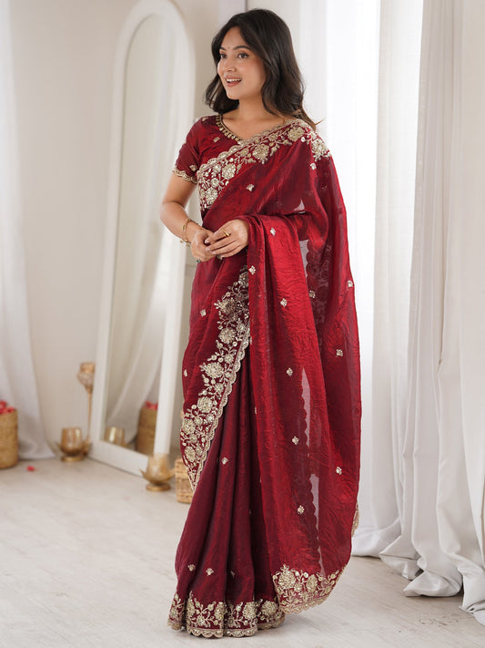 Deep Maroon Satin Saree with Embrodiery Work - Ressa