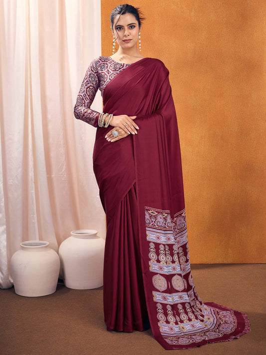 Deep Marron Satin Crepe Saree - Ressa