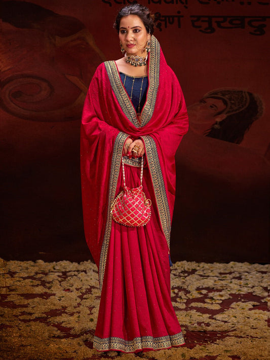 Deep Pink Vichitra Silk Embroidered Zari Border Stone Saree - Ressa