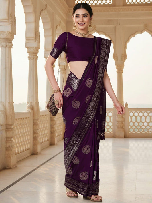 Deep Royal Purple Banarasi Silk Saree - Ressa