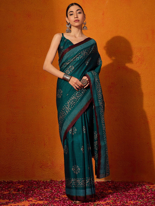 Deep Teal Green Chanderi Cotton Saree - Ressa