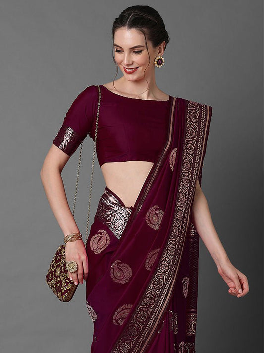 Deep Wine-Burgundy Banarasi Silk Saree - Ressa