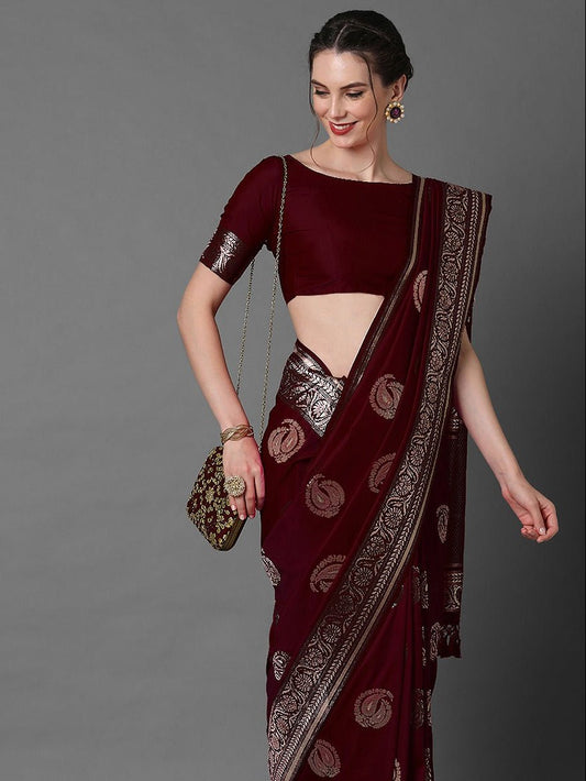 Deep Wine-Maroon Pure Banarasi Katan Silk Saree - Ressa
