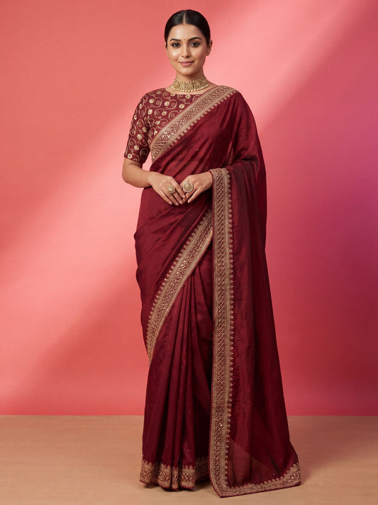 Deep Wine Maroon Silk Saree - Ressa