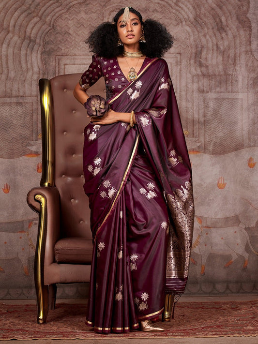 Deep Wine Silk Blend Pichwai Saree - Ressa