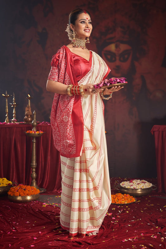 Divine Grace White & Red Printed Saree - Ressa