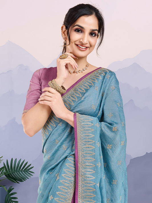 Dusty Blue Vichitra Silk Saree - Ressa