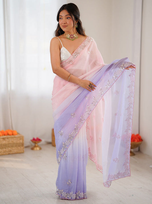 Dusty Lavender & Pink Polyester Ombre Dyed Saree Embroidered Border - Ressa