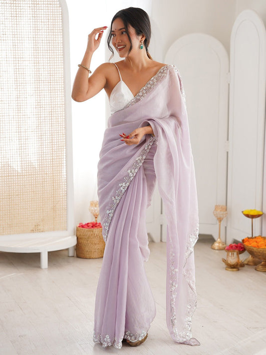 Dusty Lavender Polyester Metallic Sheen Embroidered Border saree - Ressa