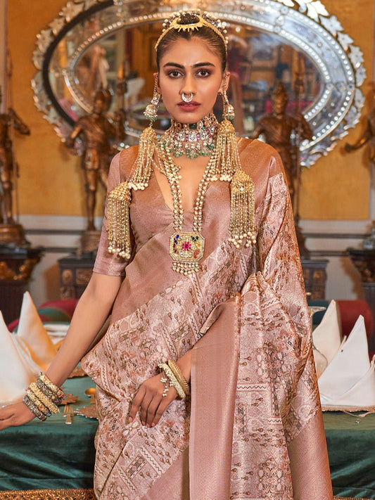 Dusty Rose Banarasi Brocade Silk Saree with Zari Weave - Ressa