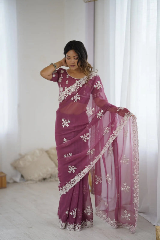 Dusty Rose Organza Embroidered Saree
