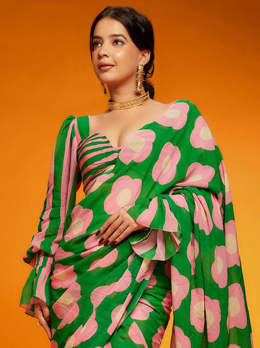 Emerald Green Chiffon Saree with Oversized Pink Floral Print - Ressa