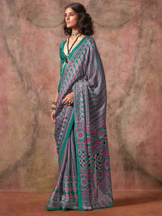 Emerald Green Satin Ajrakh-Printed Saree - Ressa