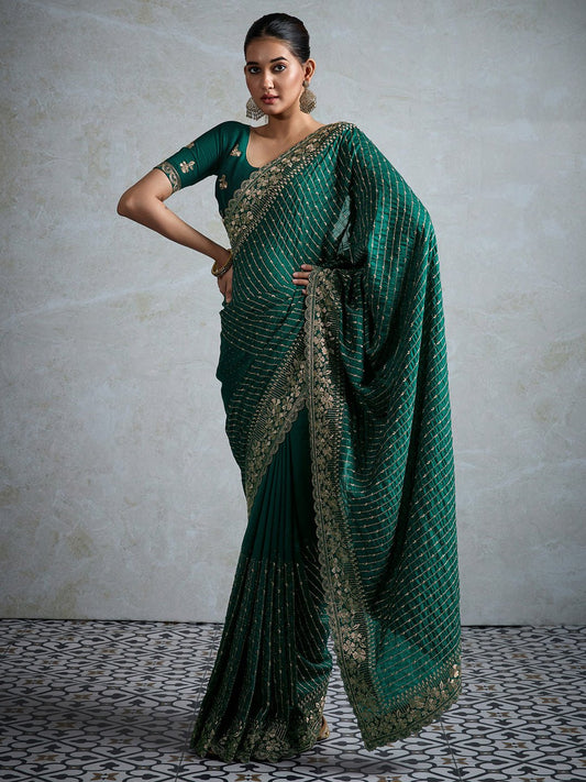 Emerald Green Silk Blend Embroidered Saree - Ressa