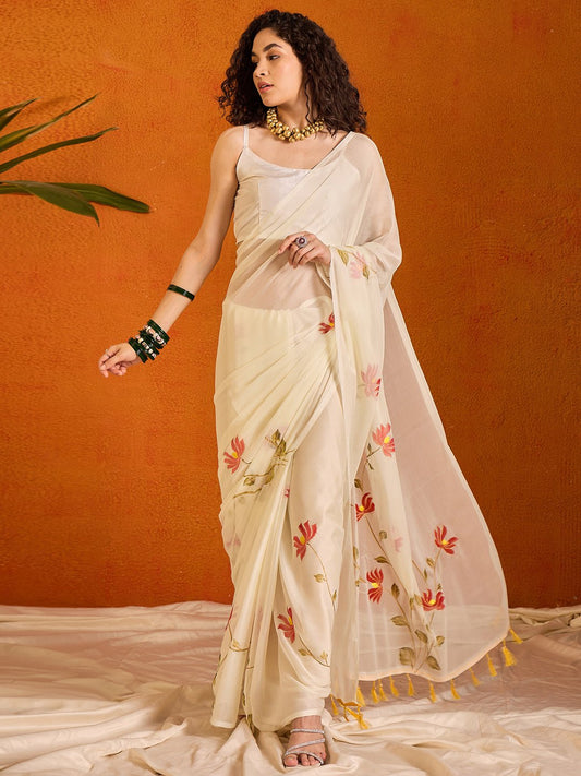 Ethereal Ivory Hand-Painted Saree - Ressa