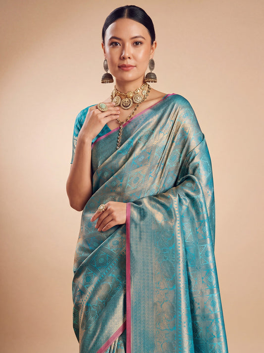 Firozi Blue Gold Kanjeevaram Silk Saree - Ressa