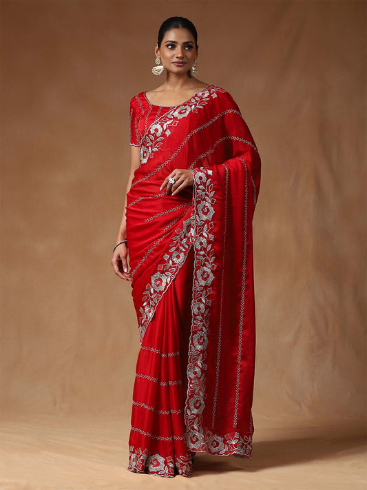 Floral Beads and Stones Satin Designer Sarees - Ressa