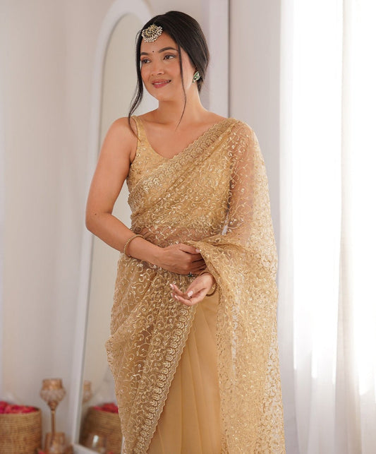 Gold Net Sequence Embroidery Saree - Ressa