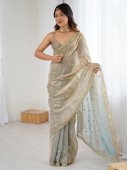 Gold Satin Emblsihed Party Wear Saree - Ressa