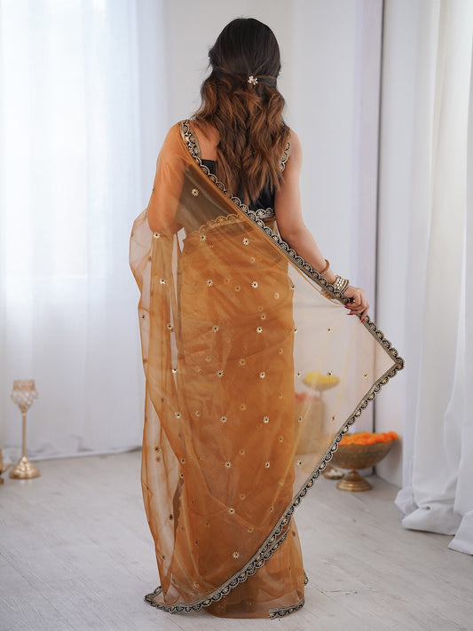 Golden Organza Saree with Sequin Embroidery & Black Border - Ressa