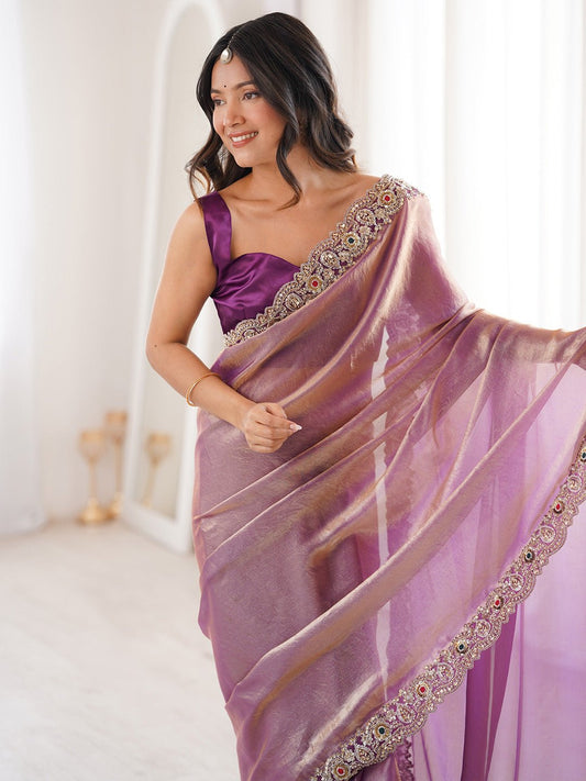 Purple Satin Party Wear Saree - Ressa