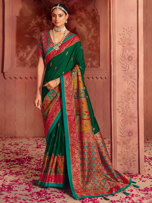Green Banarasi Silk Saree with Red Meenakari Pallu - Ressa