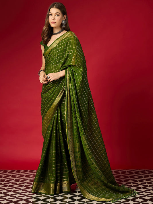 Green Checks Silk Saree with Zari Border & Embroidered Blouse - Ressa