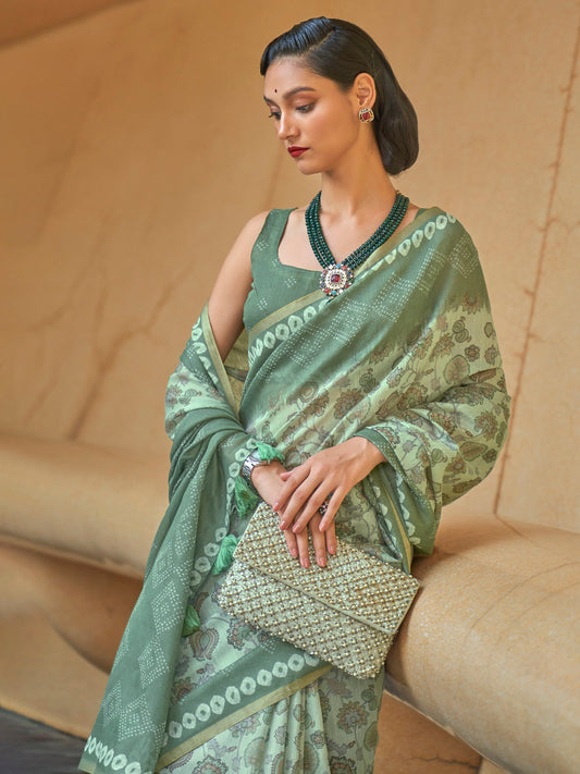 Green Floral Printed Zari Bagh Saree - Ressa