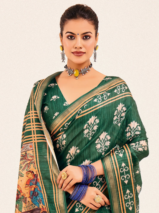 Green Ikat Silk Saree with Patachitra Pallu - Ressa