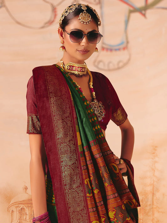 Green & Maroon Patola Silk Saree with Zari Border - Ressa