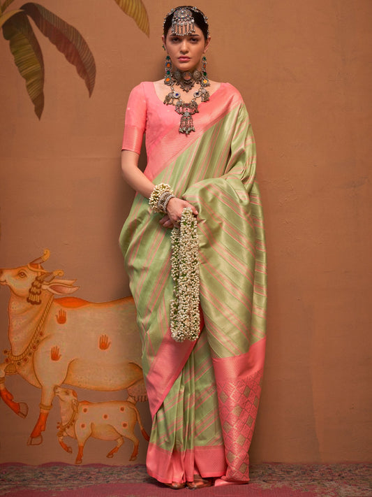 Green Pink Banarasi Silk Blend Saree - Ressa
