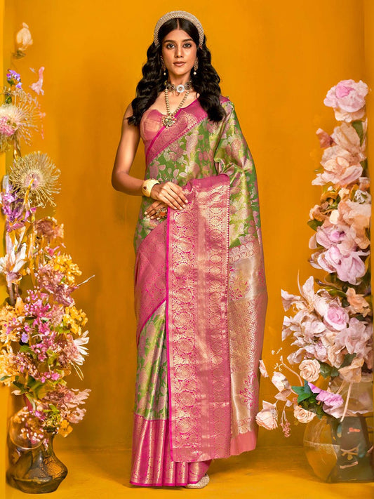 Green &Pink Banarasi Silk Blend Saree - Ressa