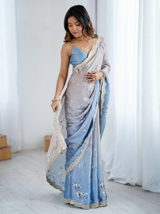 Grey and Sky Blue Ombre Chiffon Saree - Ressa