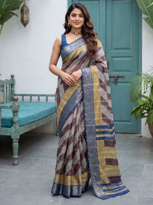 Grey & Blue Tissue Striped Saree - Ressa