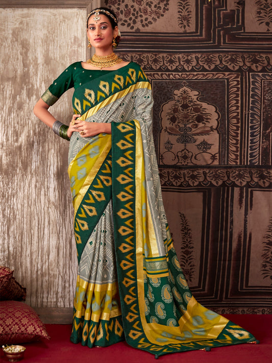 Grey & Green Ikkat Print Saree - Ressa