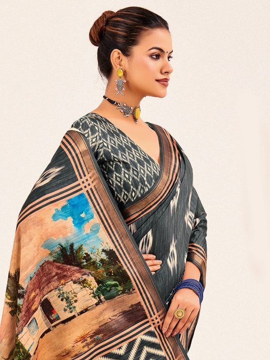 Grey Ikat Silk Saree with Scenic Digital Print Pallu - Ressa